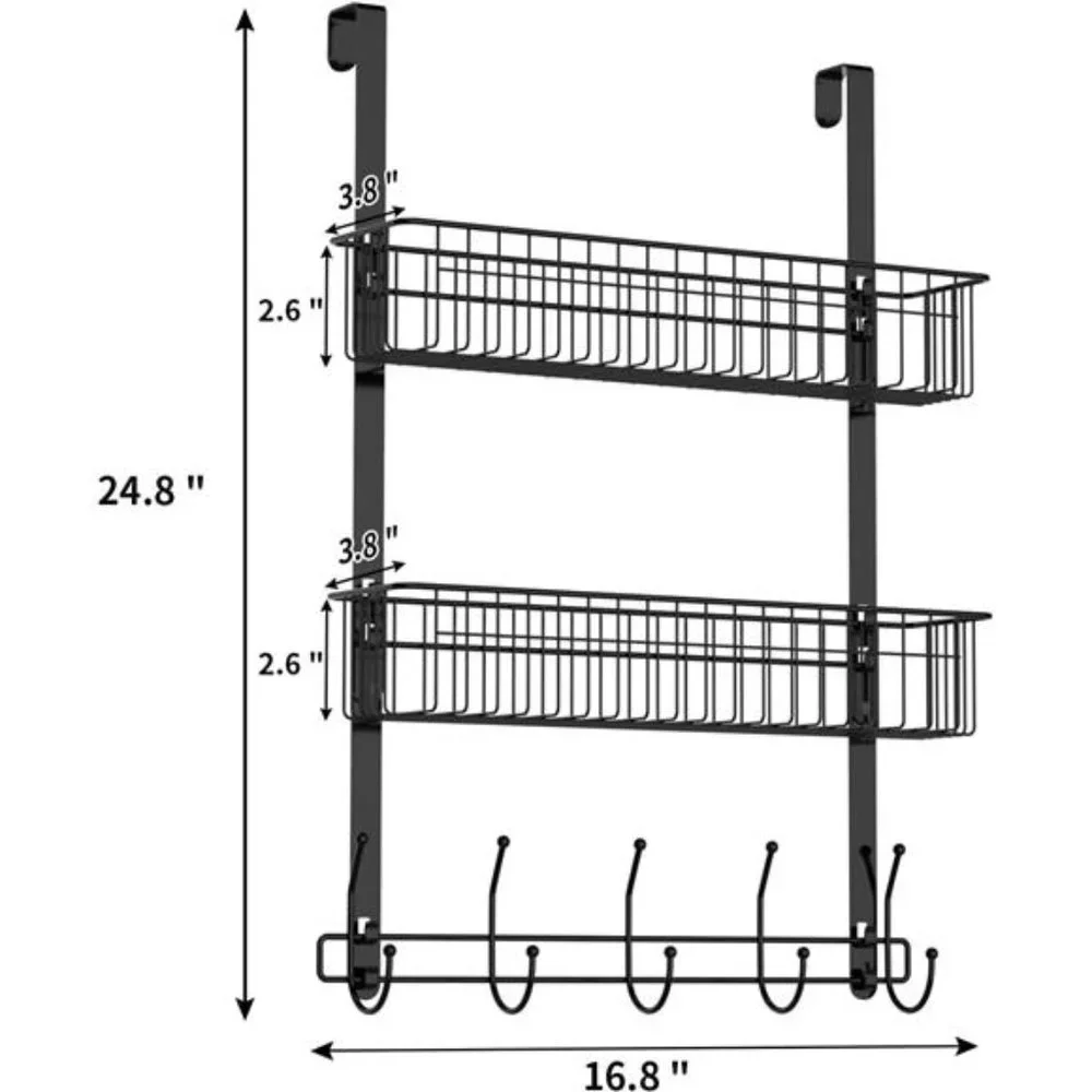 Over The Door Hooks, Door Hanger Towel Rack with 5 Coat Hooks & 2 Mesh Basket